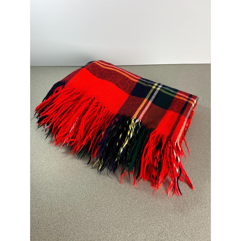 Vintage plaid blanket throw 55X54 fringe Red Christmas decor Stadium car